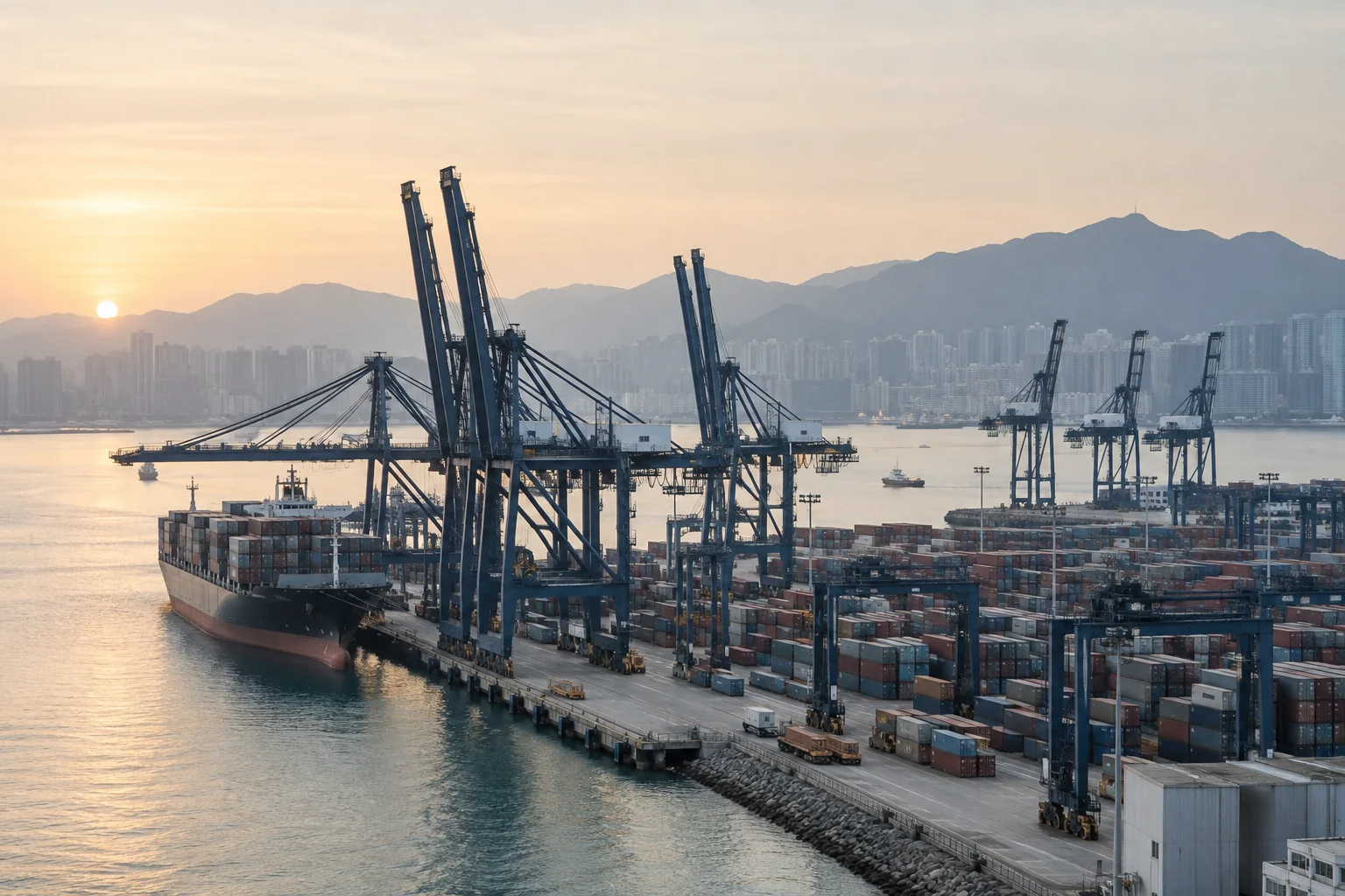 Container terminal with cranes, cargo ships and coastal mountains